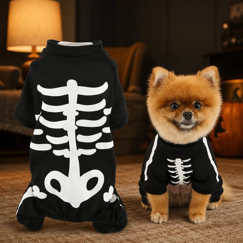Small dog wearing the glow-in-the-dark skeleton jumpsuit at night