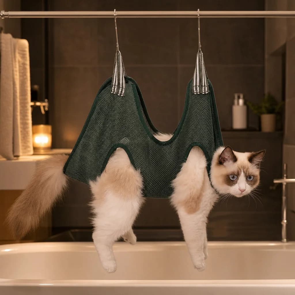 Pet held in the mesh bath hammock sling above a bathtub in a warmly lit bathroom
